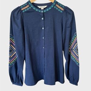 Boden Navy Embroidered Long-Sleeve Button Front Top
